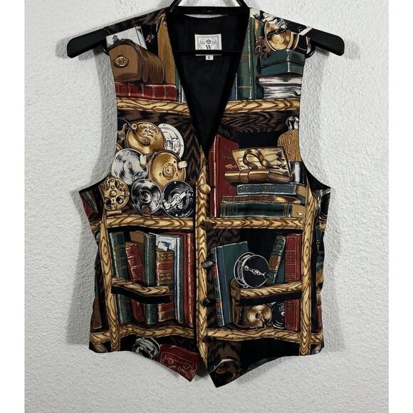 Wathne Vest Men’s Size S Silk Books Fishing Multicolor Sleeveless